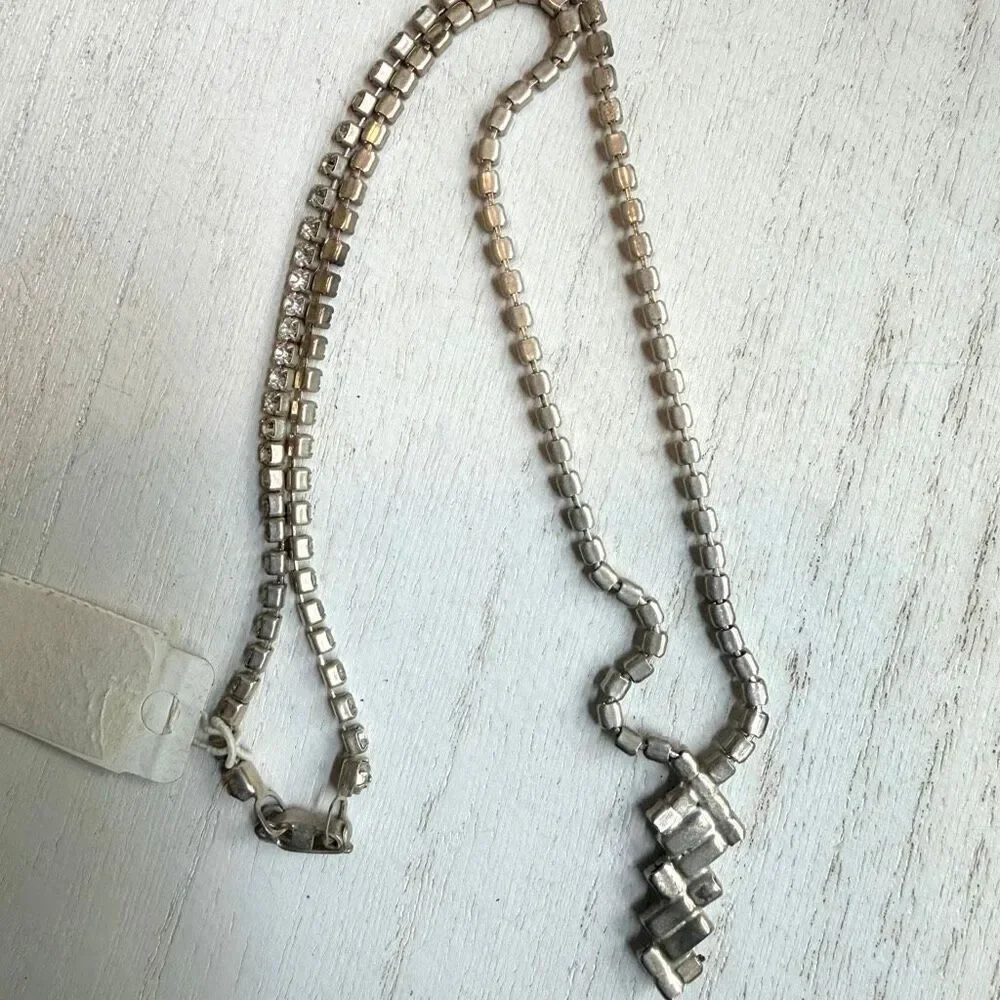Vintage Rhinestone Tennis Necklace with Baguette Drop